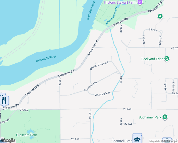 map of restaurants, bars, coffee shops, grocery stores, and more near 3035 Balsam Crescent in Surrey