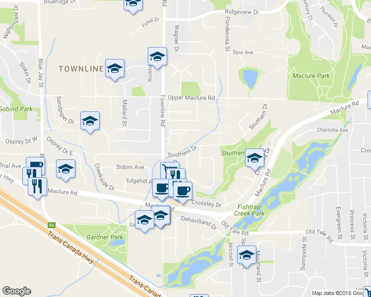 map of restaurants, bars, coffee shops, grocery stores, and more near 31273 Southern Drive in Abbotsford