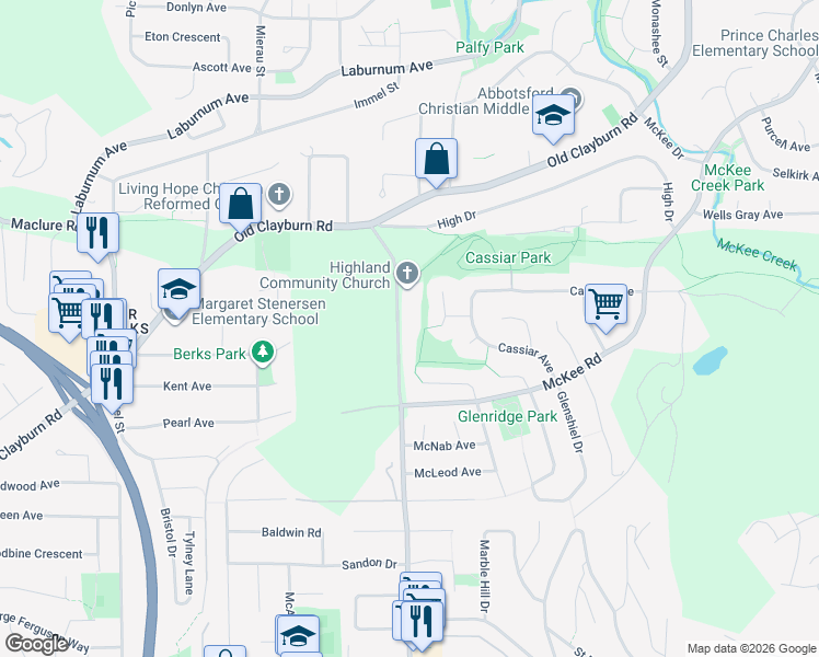 map of restaurants, bars, coffee shops, grocery stores, and more near 3066 McMillan Road in Abbotsford