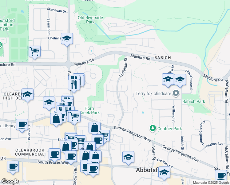 map of restaurants, bars, coffee shops, grocery stores, and more near 3055 Trafalgar Street in Abbotsford