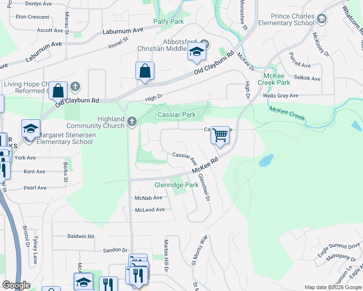map of restaurants, bars, coffee shops, grocery stores, and more near 3021 Cassiar Place in Abbotsford