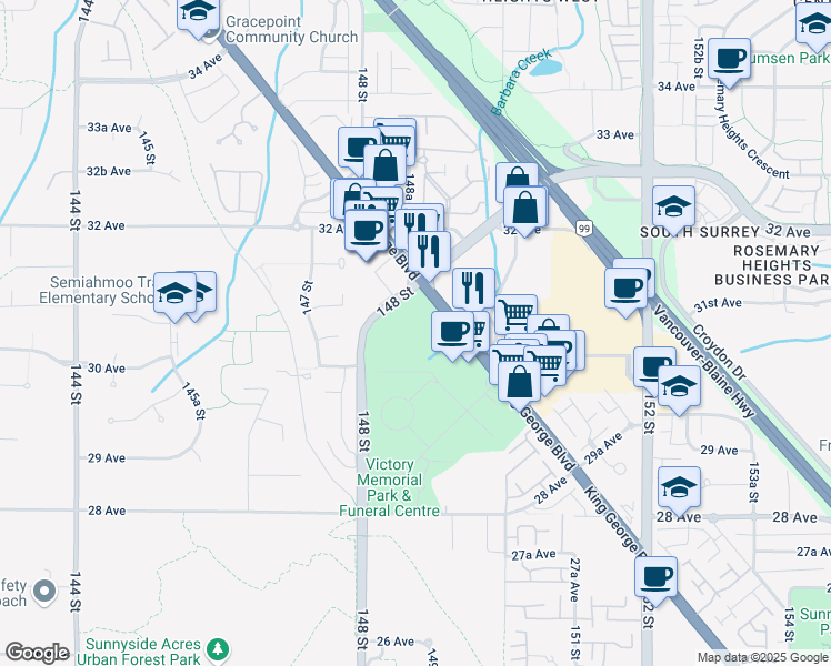 map of restaurants, bars, coffee shops, grocery stores, and more near 3060 148 Street in Surrey