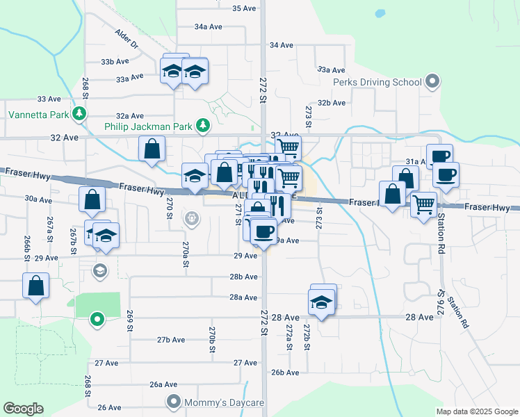 map of restaurants, bars, coffee shops, grocery stores, and more near in Langley Township