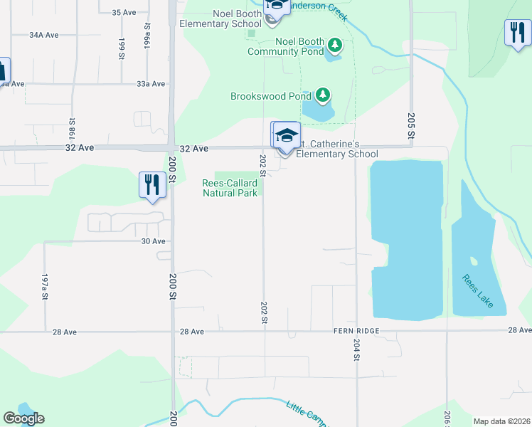 map of restaurants, bars, coffee shops, grocery stores, and more near 3074 202 Street in Langley