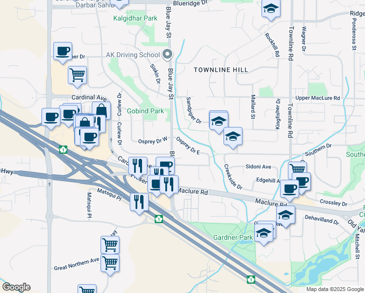 map of restaurants, bars, coffee shops, grocery stores, and more near 30842 Osprey Drive East in Abbotsford