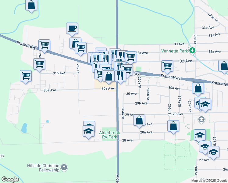 map of restaurants, bars, coffee shops, grocery stores, and more near 26388 30A Avenue in Langley Township