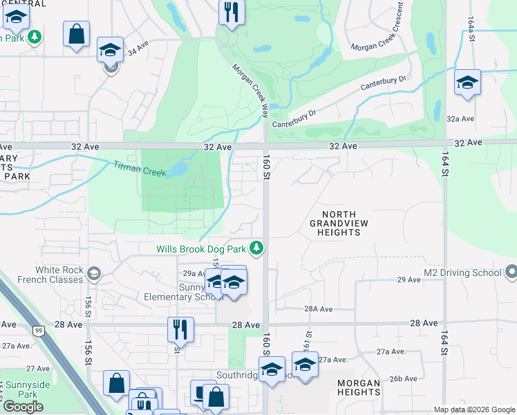 map of restaurants, bars, coffee shops, grocery stores, and more near 3063 160 Street in Surrey