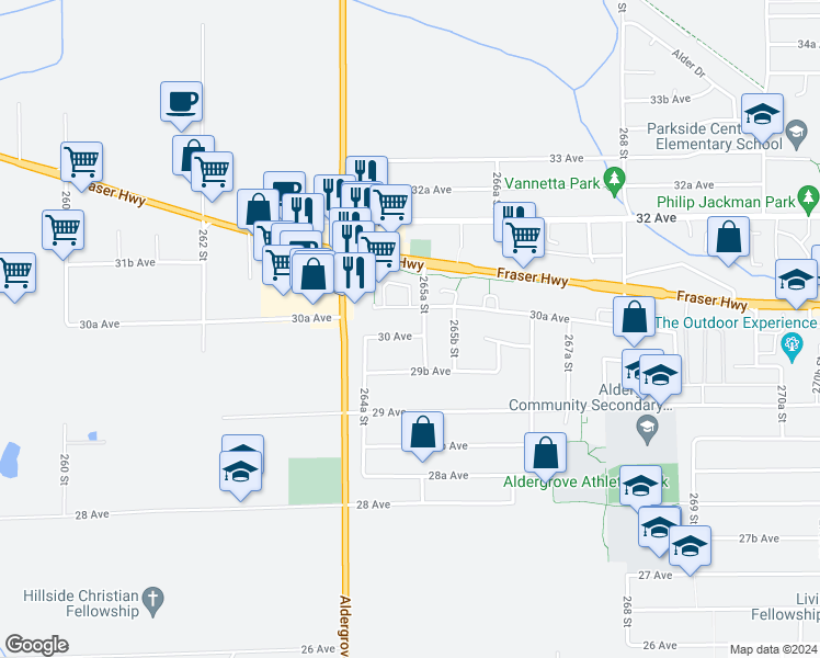 map of restaurants, bars, coffee shops, grocery stores, and more near 26487 30 Avenue in Langley