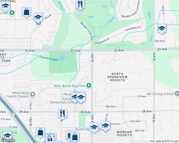 map of restaurants, bars, coffee shops, grocery stores, and more near 3075 160 Street in Surrey