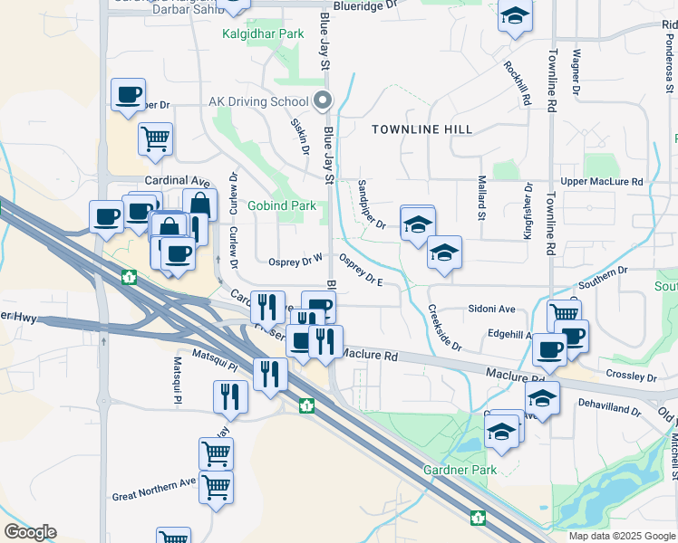 map of restaurants, bars, coffee shops, grocery stores, and more near 3050 Blue Jay Street in Abbotsford