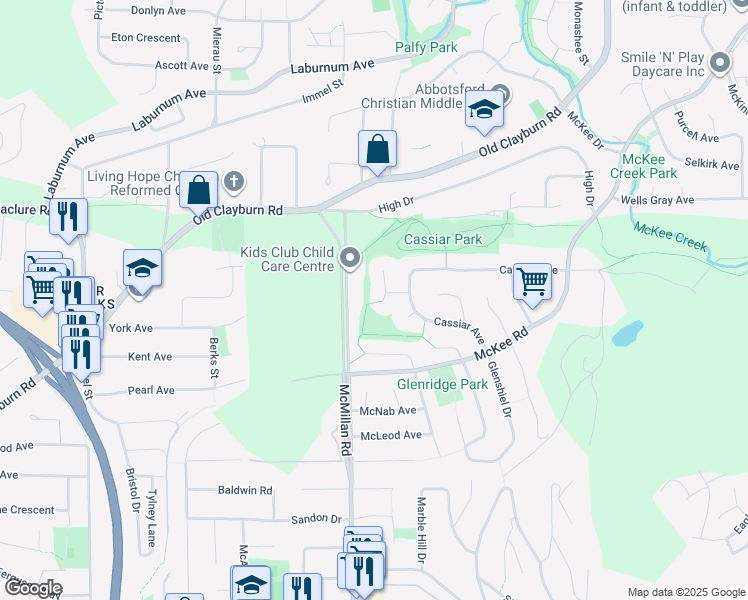 map of restaurants, bars, coffee shops, grocery stores, and more near 34825 Cassiar Court in Abbotsford