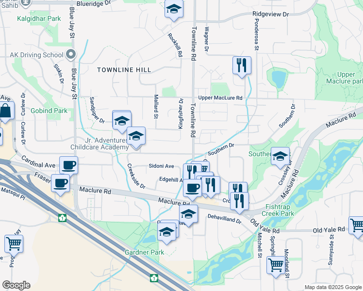 map of restaurants, bars, coffee shops, grocery stores, and more near 31160 Kingfisher Drive in Abbotsford