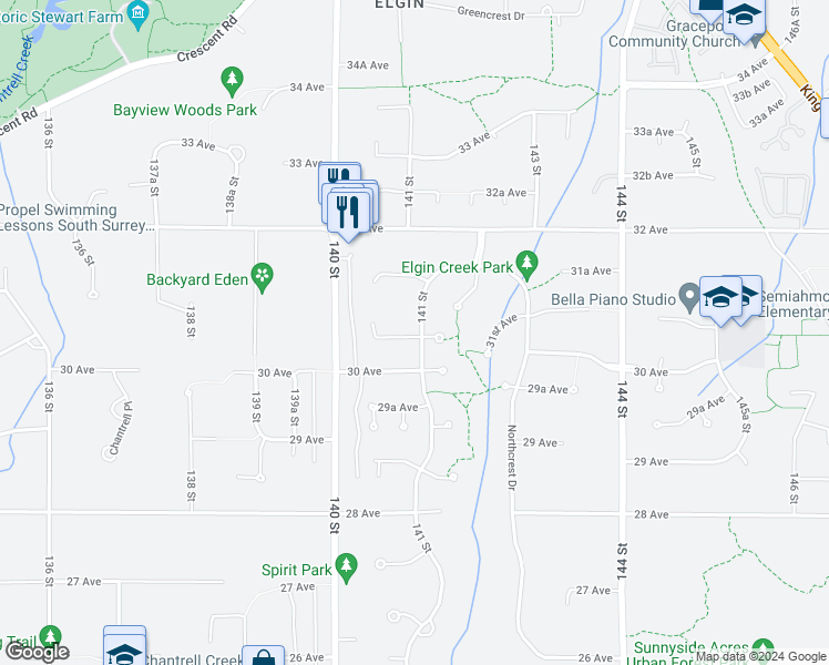 map of restaurants, bars, coffee shops, grocery stores, and more near 14095 30A Avenue in Surrey