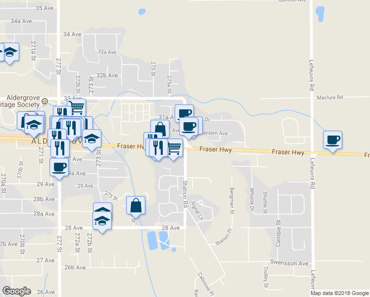 map of restaurants, bars, coffee shops, grocery stores, and more near 3083 276 Street in Langley