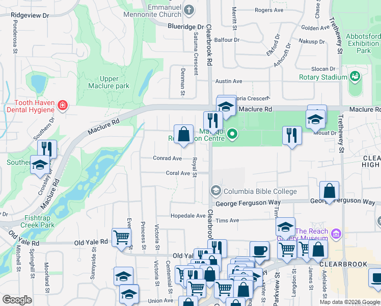 map of restaurants, bars, coffee shops, grocery stores, and more near 3051 Royal Street in Abbotsford