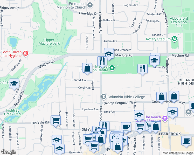 map of restaurants, bars, coffee shops, grocery stores, and more near 3055 Clearbrook Road in Abbotsford