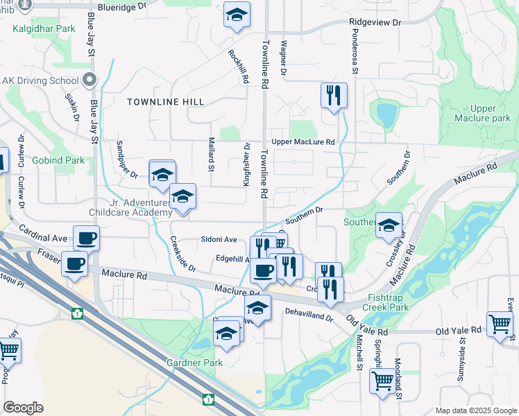 map of restaurants, bars, coffee shops, grocery stores, and more near 31160 Kingfisher Drive in Abbotsford