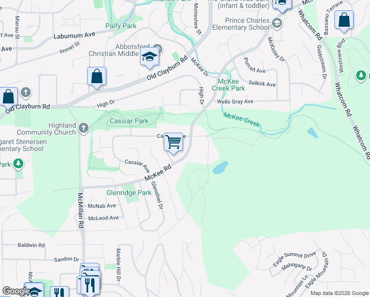 map of restaurants, bars, coffee shops, grocery stores, and more near 35131 McKee Road in Abbotsford