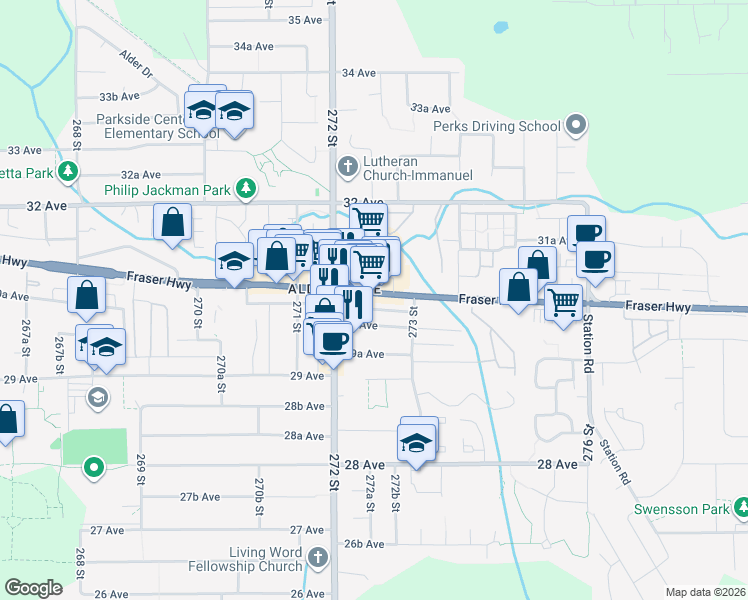 map of restaurants, bars, coffee shops, grocery stores, and more near 27262 Fraser Highway in Langley Township