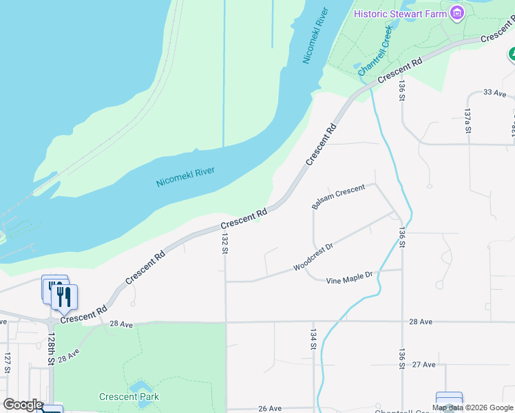map of restaurants, bars, coffee shops, grocery stores, and more near 13267 Crescent Road in Surrey