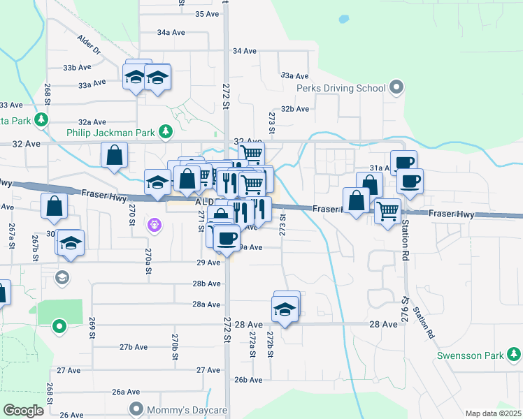map of restaurants, bars, coffee shops, grocery stores, and more near 27262 Fraser Highway in Langley Township