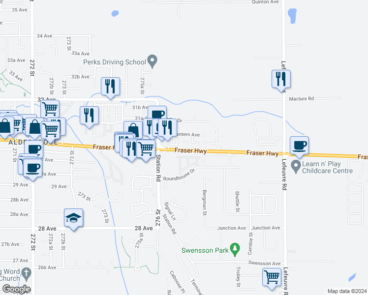 map of restaurants, bars, coffee shops, grocery stores, and more near 27685 Fraser Highway in Abbotsford