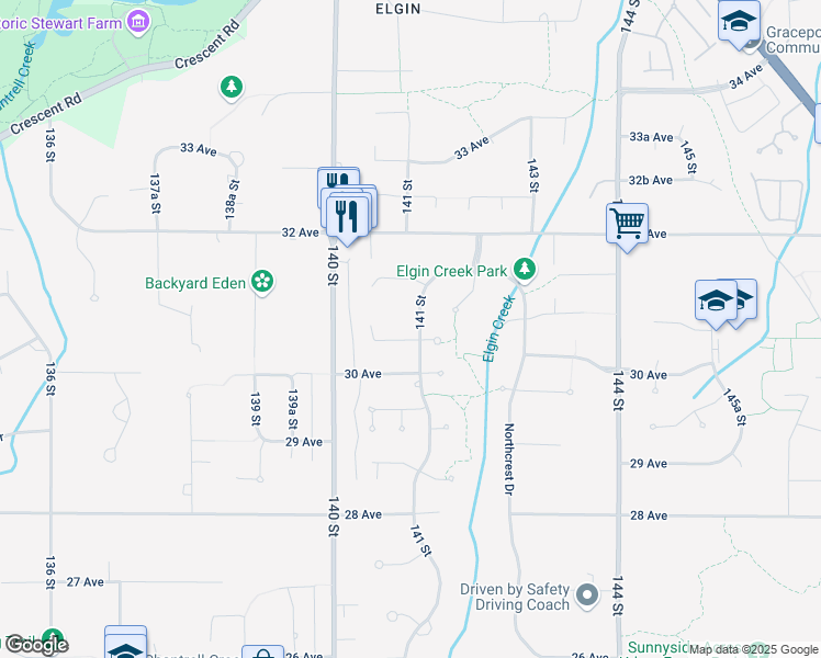 map of restaurants, bars, coffee shops, grocery stores, and more near 14095 30A Avenue in Surrey