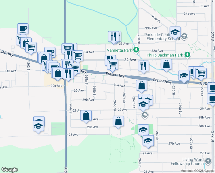map of restaurants, bars, coffee shops, grocery stores, and more near 26626 30A Avenue in Langley Township