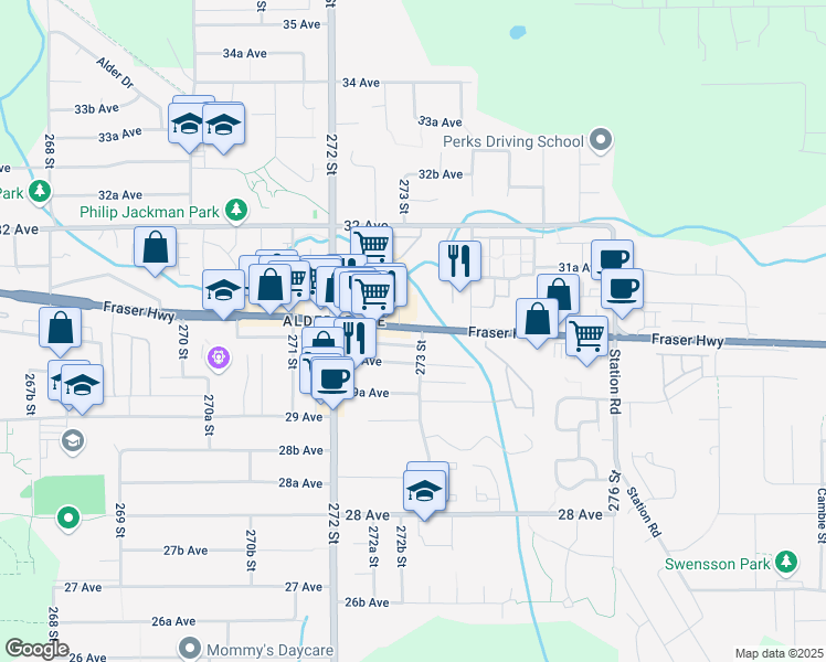 map of restaurants, bars, coffee shops, grocery stores, and more near 27318 Fraser Highway in Langley Township