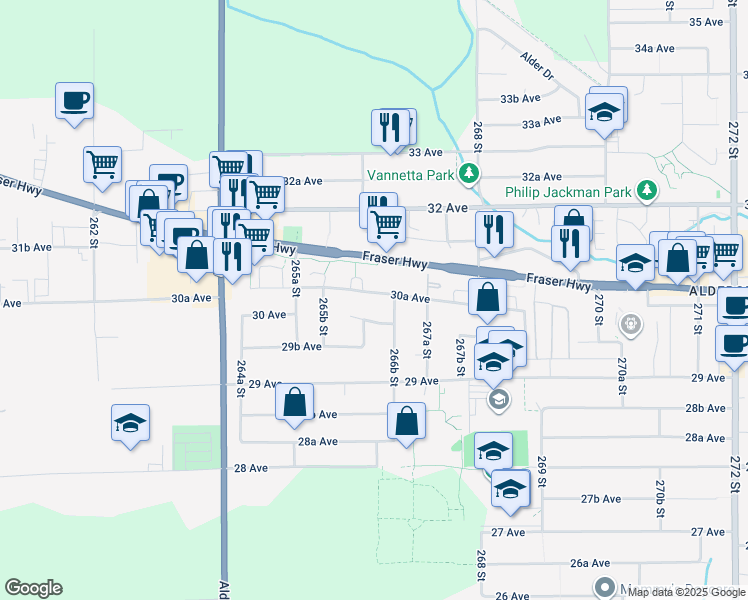 map of restaurants, bars, coffee shops, grocery stores, and more near 26638 30A Avenue in Langley Township
