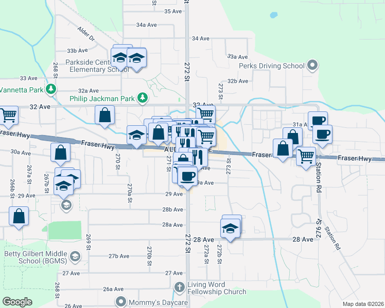 map of restaurants, bars, coffee shops, grocery stores, and more near 27214 Fraser Highway in Langley Township