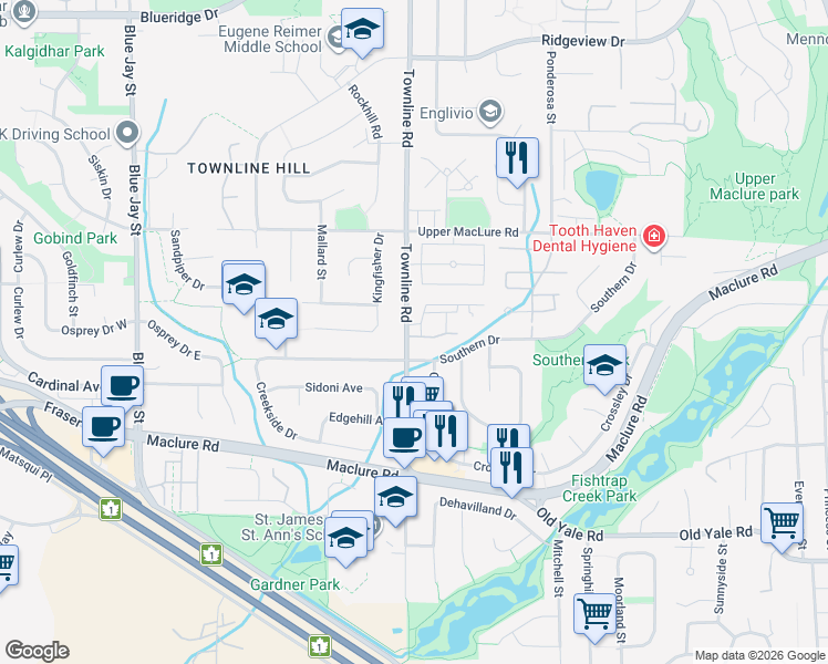 map of restaurants, bars, coffee shops, grocery stores, and more near 3070 Townline Road in Abbotsford