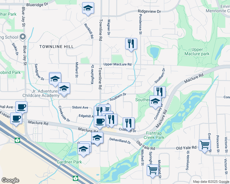 map of restaurants, bars, coffee shops, grocery stores, and more near 31273 Southern Drive in Abbotsford