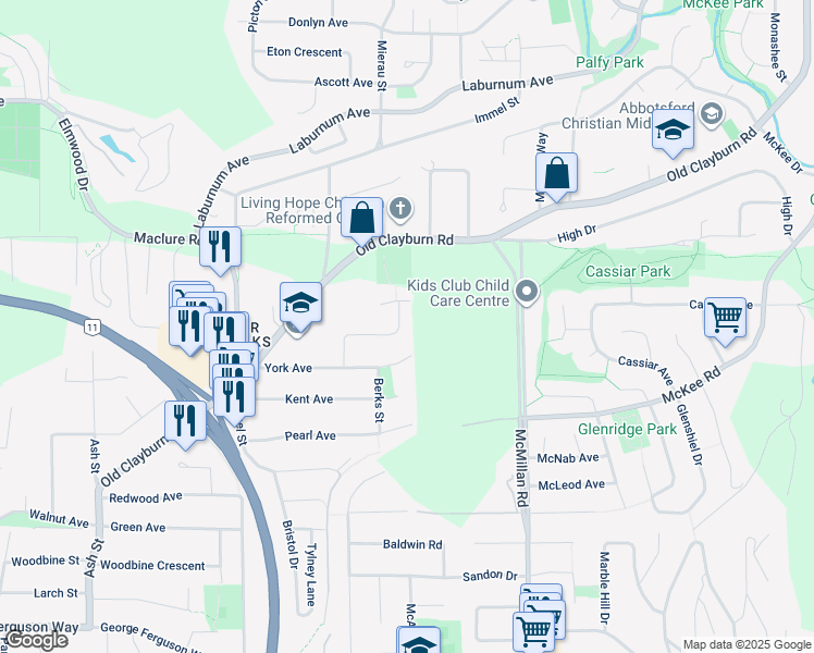 map of restaurants, bars, coffee shops, grocery stores, and more near 34632 Devon Crescent in Abbotsford