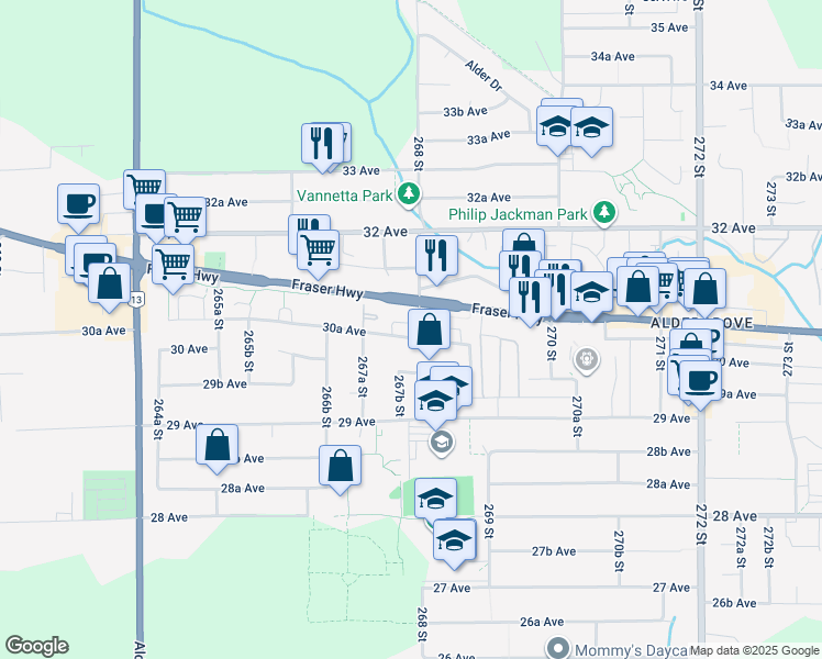 map of restaurants, bars, coffee shops, grocery stores, and more near 3057 268 Street in Langley Township