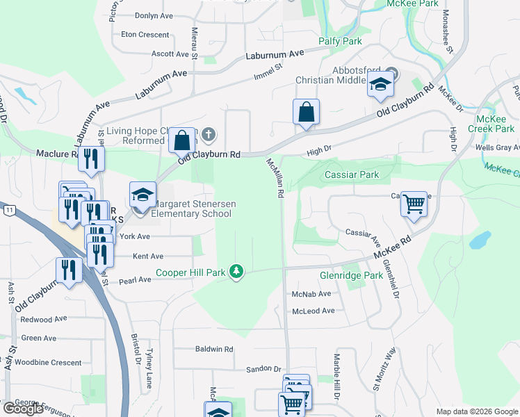 map of restaurants, bars, coffee shops, grocery stores, and more near 3056 McMillan Road in Abbotsford