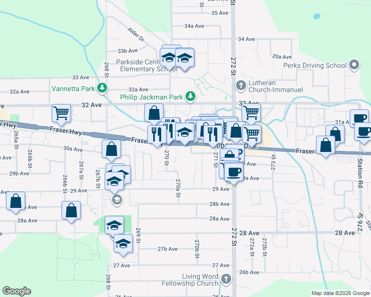 map of restaurants, bars, coffee shops, grocery stores, and more near 27032 Fraser Highway in Langley Township