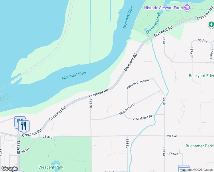 map of restaurants, bars, coffee shops, grocery stores, and more near 13267 Crescent Road in Surrey