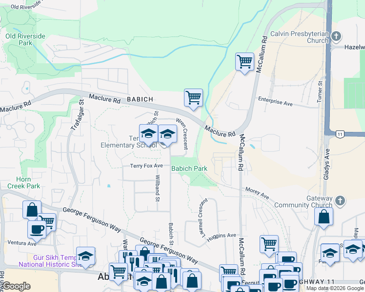 map of restaurants, bars, coffee shops, grocery stores, and more near 33380 Wren Crescent in Abbotsford