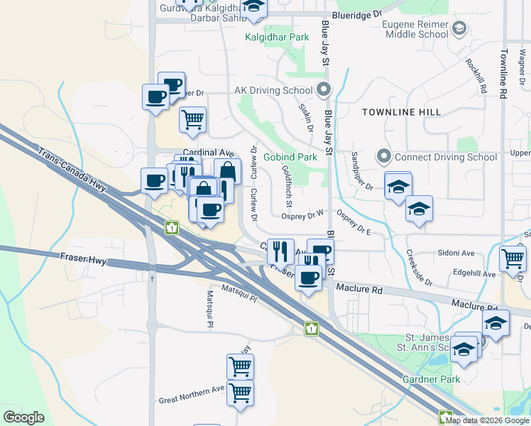 map of restaurants, bars, coffee shops, grocery stores, and more near 3061 Osprey Drive West in Abbotsford