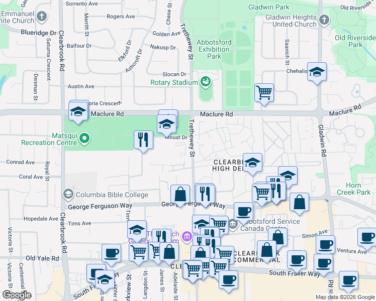 map of restaurants, bars, coffee shops, grocery stores, and more near 3075 Trethewey Street in Abbotsford