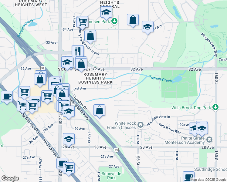 map of restaurants, bars, coffee shops, grocery stores, and more near 15436 31st Avenue in Surrey