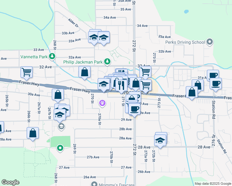 map of restaurants, bars, coffee shops, grocery stores, and more near 3012 270B Street in Langley Township