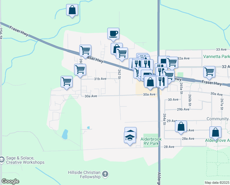 map of restaurants, bars, coffee shops, grocery stores, and more near 26162 30A Avenue in Langley Township