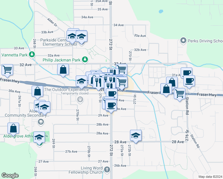 map of restaurants, bars, coffee shops, grocery stores, and more near in Langley Township