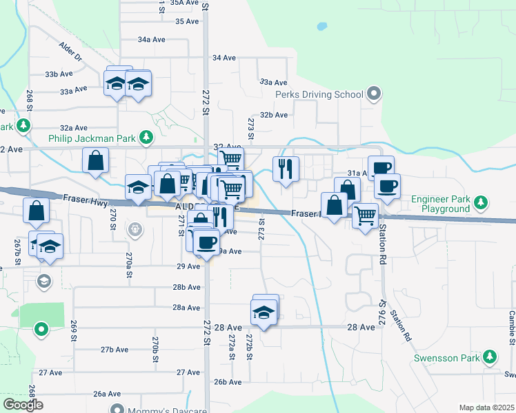 map of restaurants, bars, coffee shops, grocery stores, and more near 27309 Fraser Highway in Langley Township