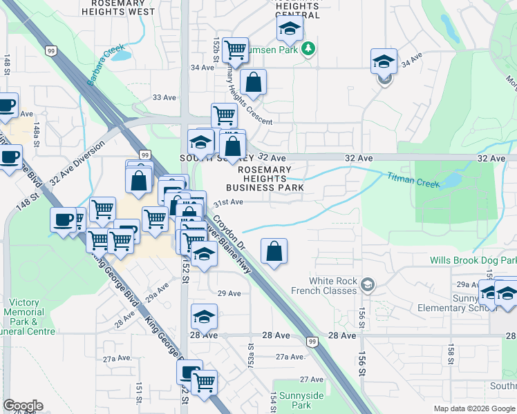 map of restaurants, bars, coffee shops, grocery stores, and more near 15336 31st Avenue in Surrey