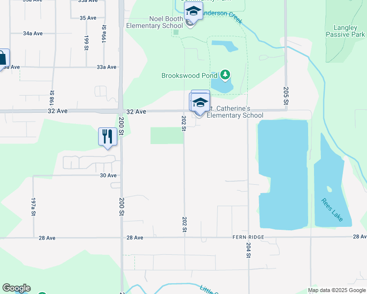 map of restaurants, bars, coffee shops, grocery stores, and more near 3085 202 Street in Langley