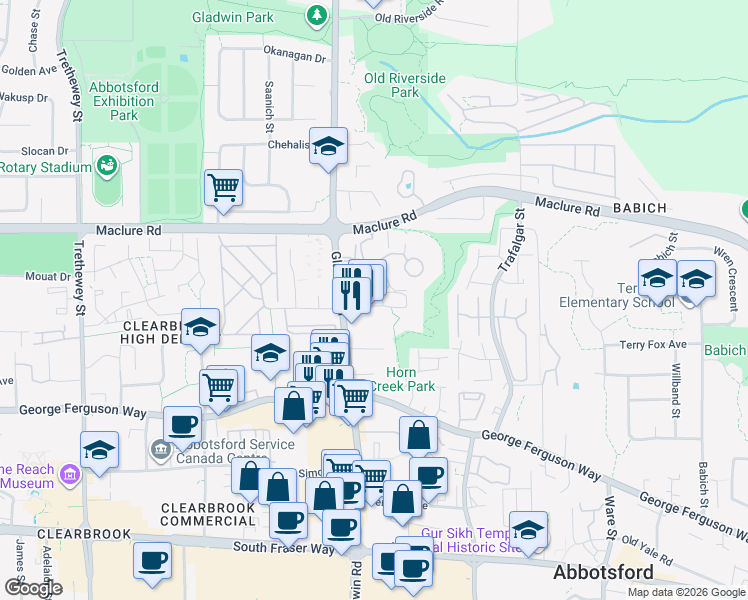 map of restaurants, bars, coffee shops, grocery stores, and more near 3060 Gladwin Road in Abbotsford
