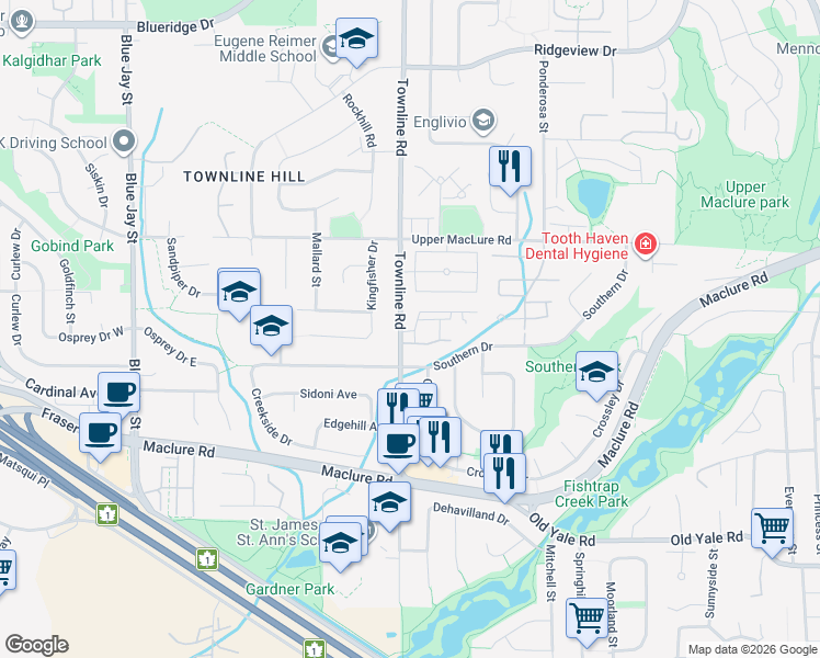 map of restaurants, bars, coffee shops, grocery stores, and more near 31221 Southern Drive in Abbotsford